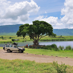 Panoramic view of the Ngorongoro Crater Lake surrounded by lush green landscape, home to diverse wildlife, in Tanzania's Ngorongoro Conservation Area
